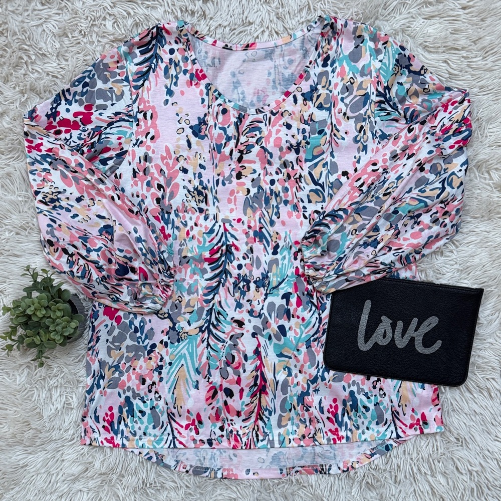 🎉HP🎉 Boutique Floral Print Bubble Sleeve Top 💗 White Pink & Blue - Picture 2 of 14